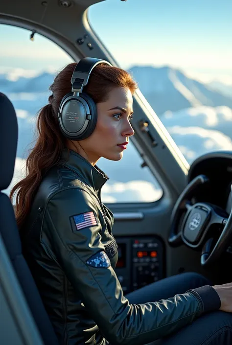 Ultra-realistic woman flying a plane using an airplane headset 