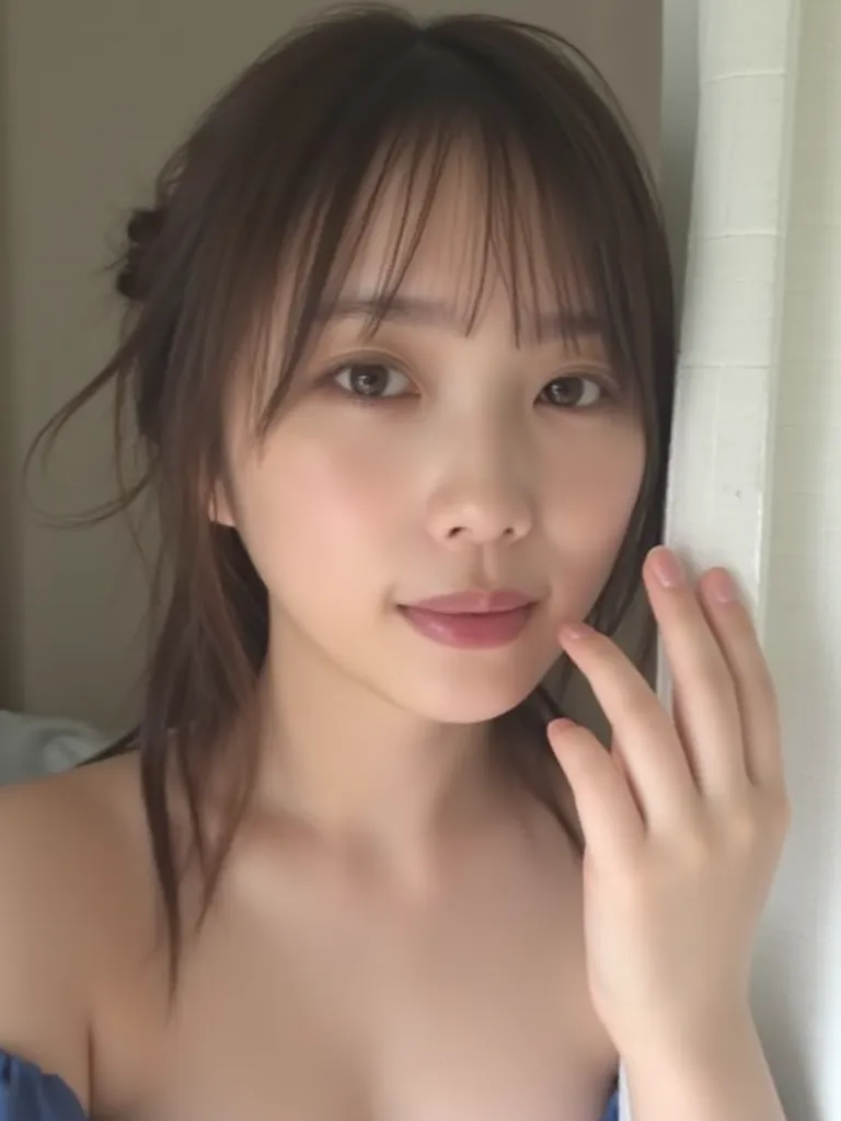 ロングヘアとバングスの若い女性のクローズupポートレートです,  with wavy hair tips . Her skin is very white、The figure is slim .  score_9, score_8_up, score_7_up, score_6_up, score_5_up, score_4_up,  High Resolution, 4K, Alone, detailed eyes,  detailed cute face , Find another side  , ...