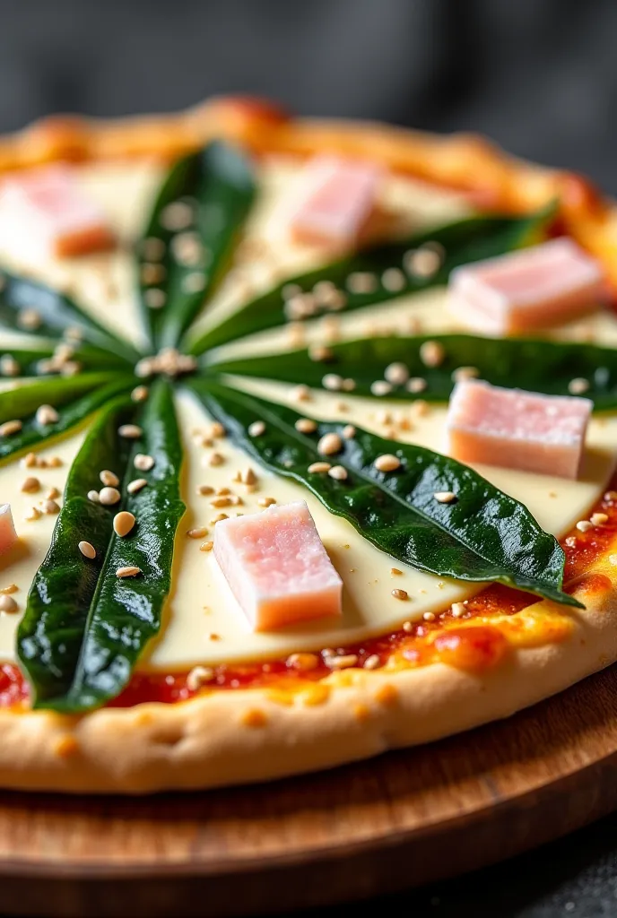 Une pizza avec de la crème fraîche des feuilles d’algues du surimi et des graines de sesame 
