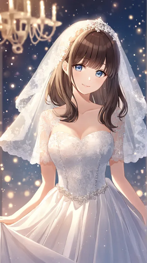 "A soft, serene illustration of a young woman wearing a wedding dress with intricate lace details. She has long, dark brown hair with bangs, wearing a delicate lace veil. The woman has light blue eyes and a gentle smile. The dress is elegant with a corset-...