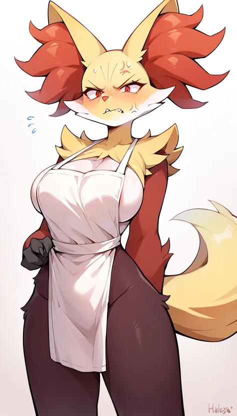 delphox, look of disgust, ANGRY FACE, frown, looking at the spectator:1.2, large breasts, red face, embarrassed, Ashamed, Suspender Naked Apron, nude,