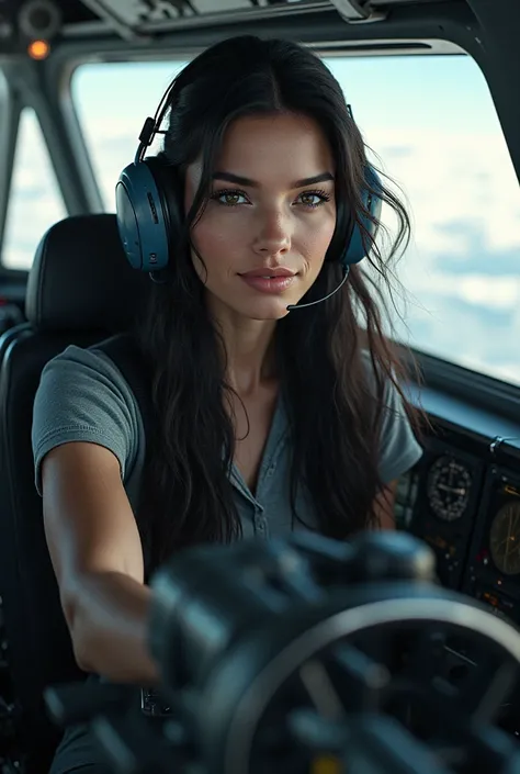 Ultra realistic woman flying a plane using an airplane headset with long black hair 