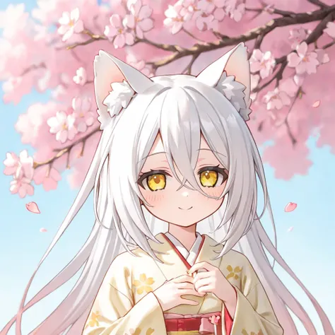 1 girl, white cat ears, white hair, delicate, ephemeral, kimono, gentle smile, calm expression, soft pastel lighting, cherry blossoms, petals fluttering, warm spring mood, simple background, 1:1 aspect ratio, close-up shot, icon composition
