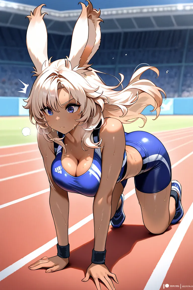 (((Masterpiece)))), ((((TOP QUALITY)))), (((1 girl))), high resolution, fine grain, detailed face, depiction of a face expressed in great detail, detailed eyes, detailed faces, hair drawn to the smallest detail, shiny skin, sweat, viera, athlete, tight uni...