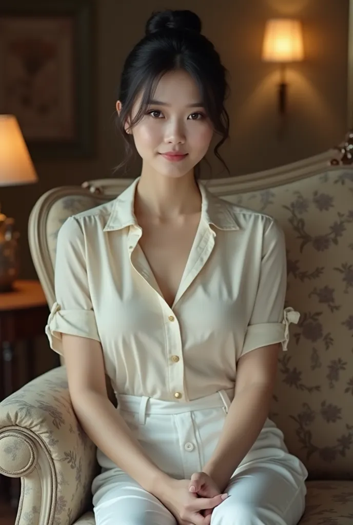 Photo of a beautiful, fair-skinned, slim girl with black hair. She has tied her hair up, is wearing a button-up blouse and white pants, and is sitting on a beautiful sofa at home and looking at the camera.