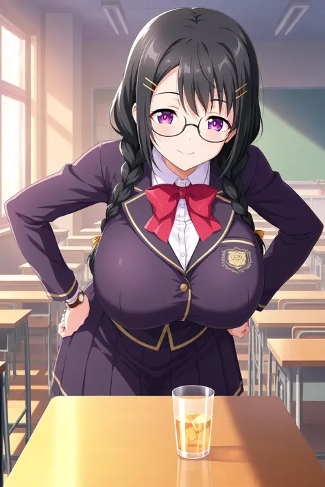    score_9,    score_8_  up ,    score_7_  up , source_anime, anime screencap,  Highest quality, alone, hanikawa, ( purple eyes),    black hair,    Twin Blade , Glass,     black hair,  purple eyes, Front    ,smile,   beautiful eyes,    Braids Pigtails ,   ...