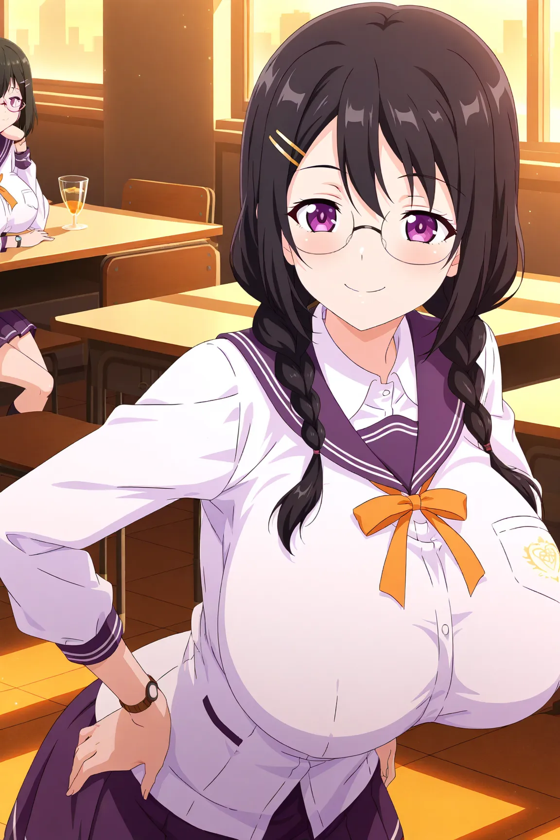    score_9,    score_8_  up ,    score_7_  up , source_anime, anime screencap,  Highest quality, alone, hanikawa, ( purple eyes),    black hair,    Twin Blade , Glass,     black hair,  purple eyes, Front    ,smile,   beautiful eyes,    Braids Pigtails ,   ...