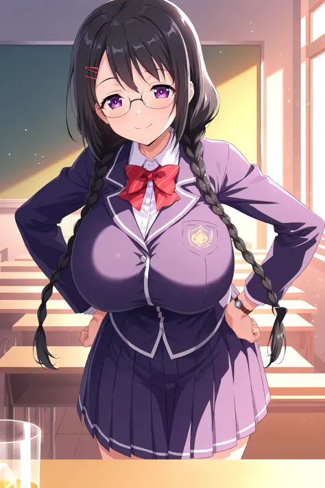    score_9,    score_8_  up ,    score_7_  up , source_anime, anime screencap,  Highest quality, alone, hanikawa, ( purple eyes),    black hair,    Twin Blade , Glass,     black hair,  purple eyes, Front    ,smile,   beautiful eyes,    Braids Pigtails ,   ...