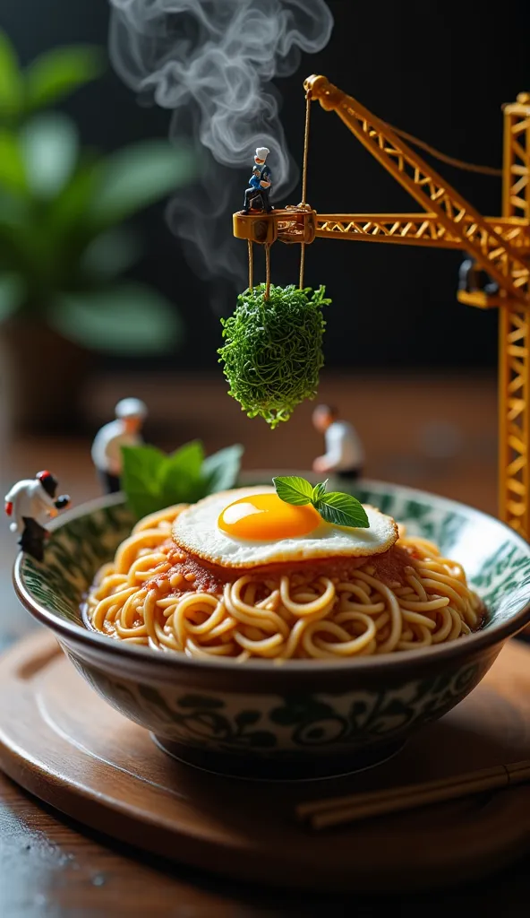 A super realistic macro shot of giant [freshly cooked ramen with several pieces of sea weed and a fried egg] with tiny [chefs] in [professional kitchen uniforms] working on it. Some chefs carefully arrange the ramen while others carefully place basil leave...