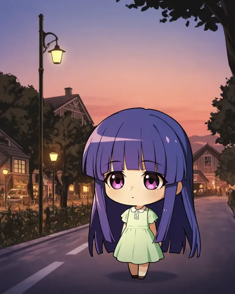  chibi, Alone, rika furude, long hair, bangs, blue hair, purple eyes, blunt bangs, purple hair, ((green dress))
 BREAK
A Lone Figure Under a Streetlamp, countryside, Pastoral, street lamp, evening,  ,  Bike, tree, Gentle Light,  Nostalgia ,  calm