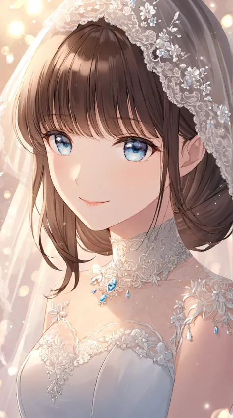 (Extreme close-up, Face-focused portrait)""A soft, serene illustration of a young woman wearing a wedding dress with intricate lace details. She has long, dark brown hair with bangs, wearing a delicate lace veil. The woman has light blue eyes and a gentle ...