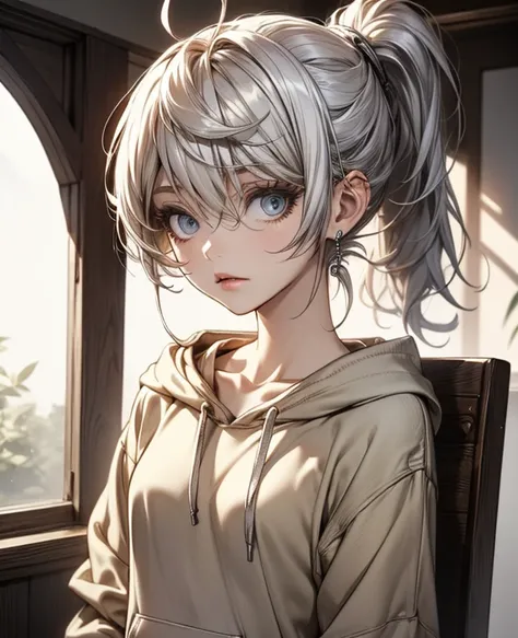  in the seat, (woman:1.0), human, ,  ponytail, ( Silver Hair:1.2,  slim figure,  Breaking Casual Style ,   Beige Simple Design Hoodie ,   Black Sakosh Over Shoulder  , BREAK Anime Style  ,  rape、I'm asking for help 