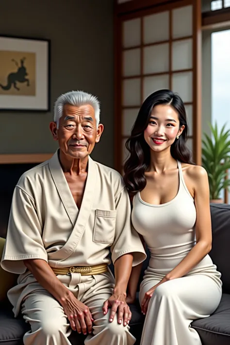 Japanese grandfather, has a little white hair on the side, No shirt, Yukata pants, sitting in a Japanese-style lounge room.Next to him is his grandfather's grandson, beautiful 30 year old japanese girl, wearing a white Versace top, smile.Japanese-style lou...