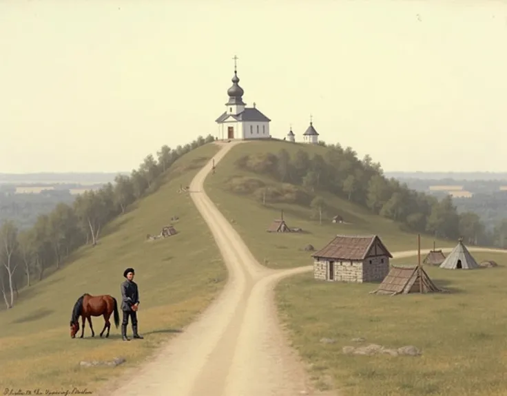 Generate modern analogues of the painting T.Shevchenko "Cart Dvizhensky Monastery in Poltava" (church on the hill, not very bright, with the road only to the church, church in the upper left, horse in the middle of the bottom, a few huts a little to the ri...