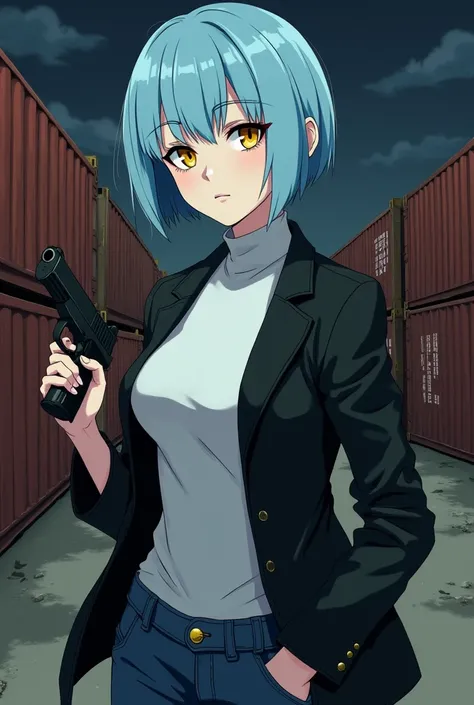 Create in a drawn anime style: A woman with short light blue bob-cut hair. She has pale skin and a super evil serious expression. Her eyes are yellow. She wears a black jacket over a white turtleneck and blue jeans. She is standing with a pistol. Backgroun...