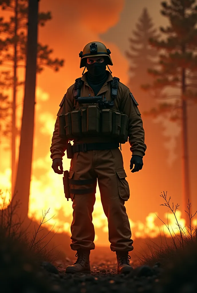 A masked soldier, in military uniform and with a tense look, . The background is in flames, representing the forest fires in South Carolina.
