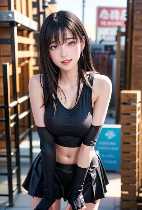 (, blush, 20yo, narrow eyes) (Photorealistic: 1.4), Solo, Top Quality, Very Delicate and Beautiful, High Definition, 1girl, tifa_lockhart, Smile, Cowboy Shot, Suspenders, Low Rise, Mini Skirt, white Tank Top, Tense Shirt, Black Hair, Long Hair, Elbow Glove...