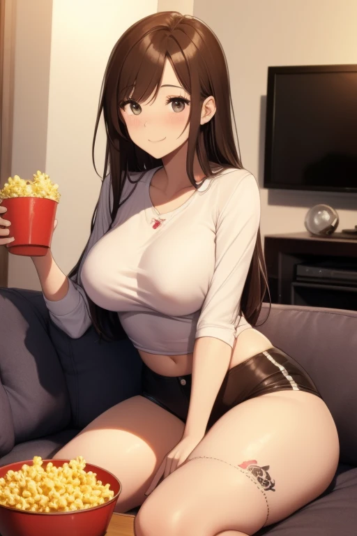 (High quality) Long brown hair she has a busty yet perfect body with perfect curves. Her breasts are big with a well made butterly tattoo on her breasts. She has a white tight shirt on with a small tight demin booty shorts, stripper thigh-highs. She is sit...