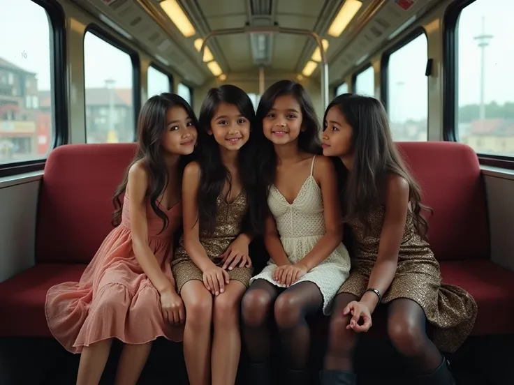 four arabic 6years girls kisses sitting on train seat, View Photographer, whole body, (Smiling at the photographer), tight open breast tits indian wet transparent tradicional dress, High boots, Clothes that show the open chest、Thin and long elbows、(wearing...