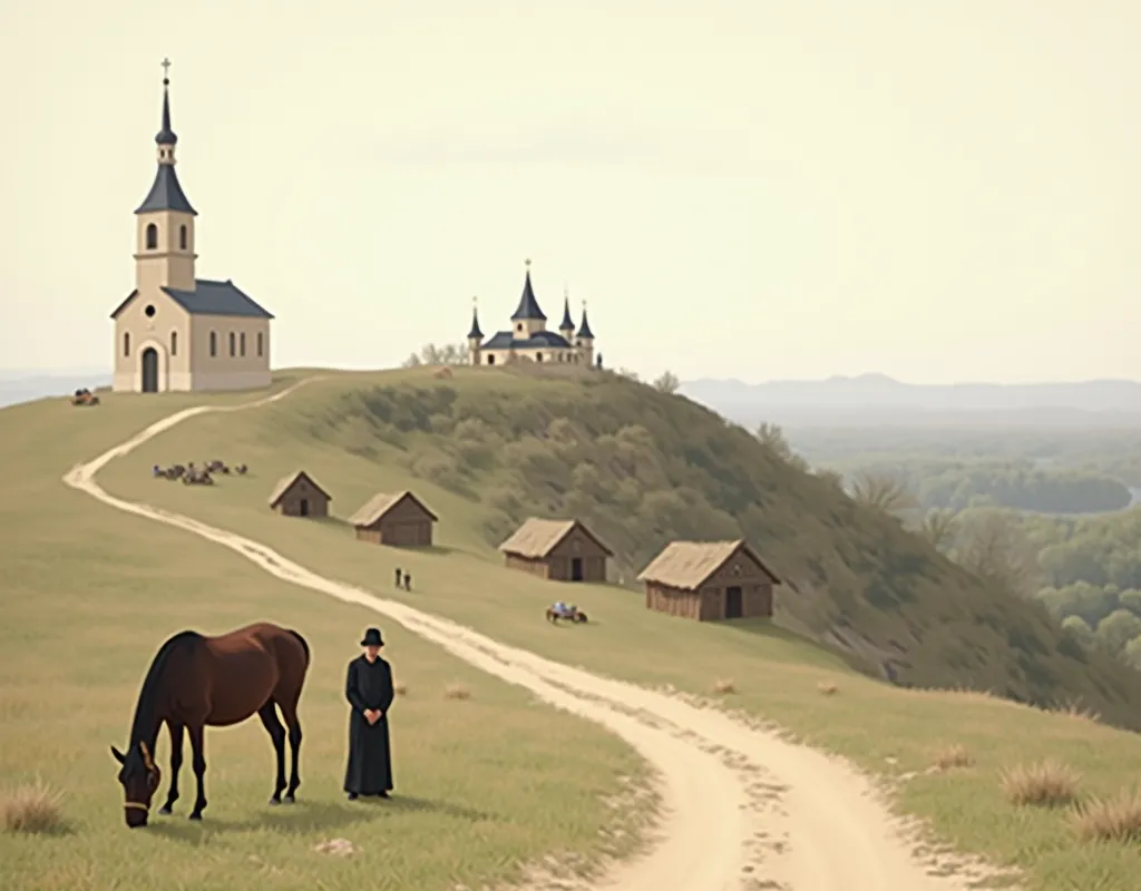 Generate modern analogues of the painting T.Shevchenko "Cart Dvizhensky Monastery in Poltava" (church on the hill, not very bright, with the road only to the church, church in the upper left, horse in the middle of the bottom, a few huts a little to the ri...