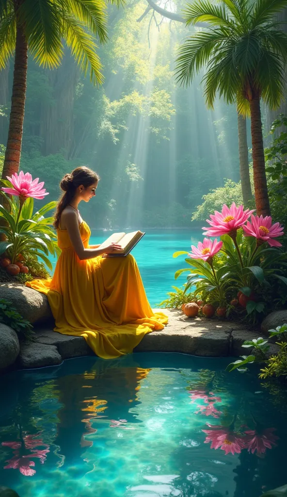 tropical landscape with wonderful magical gardens, realistic and magical , realistic woman seated long yellow dress with an open realistic bible in her hand ,beautiful reflective magic lake with blue and pink astromelia flowers 