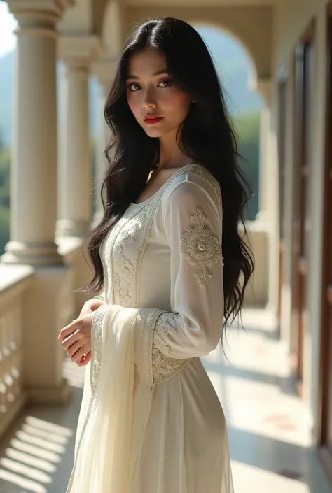 A beautiful young Russian woman long black hair slightly smiling round shape breast red lipstick wearing a long white kurti with fitted pajama with white dupatta on her shoulder standing at balcony looking at camera 