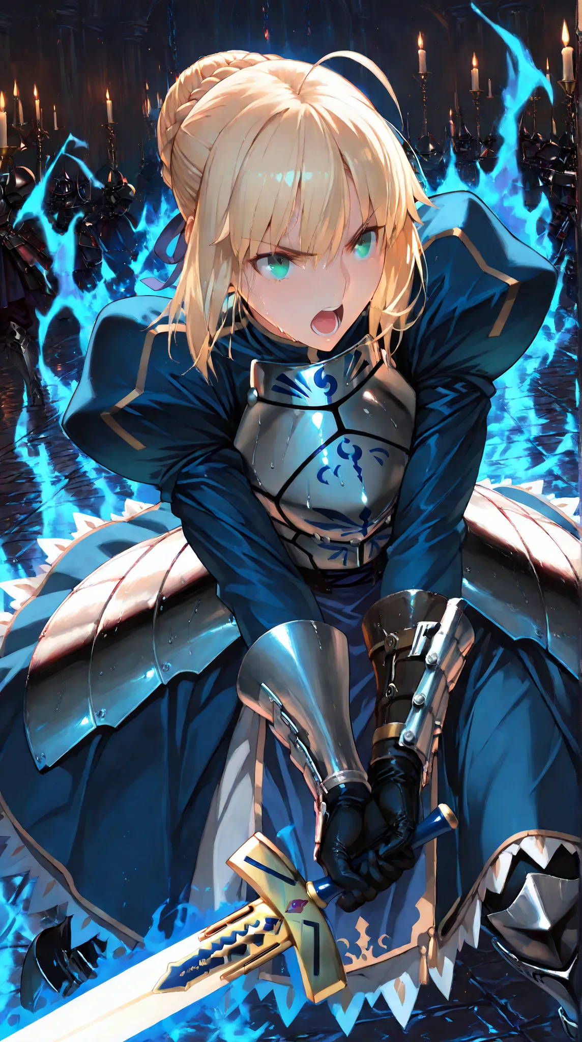 (solo, saber, fate:  blonde hair, green eyes), (low bun hair, armor plate, iron shoulders, iron boots),(excalibur sword), deep eyes, break: (dark dungeon), candles lights, (dark art, army dark swordmans),Masterpiece, Absurdres, Anatomically correct, lms, d...