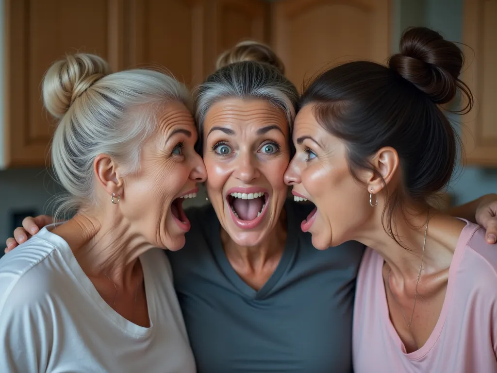 Three grandmothers, mouth very wide open and smiling, eyes wide open in a crazed look, hair in bun, different hair colors, wearing tight t-shirt, extreme skin detail, ultra realistic, 8k, wallpaper, standing in kitchen, ((viewed close up)), faces together ...