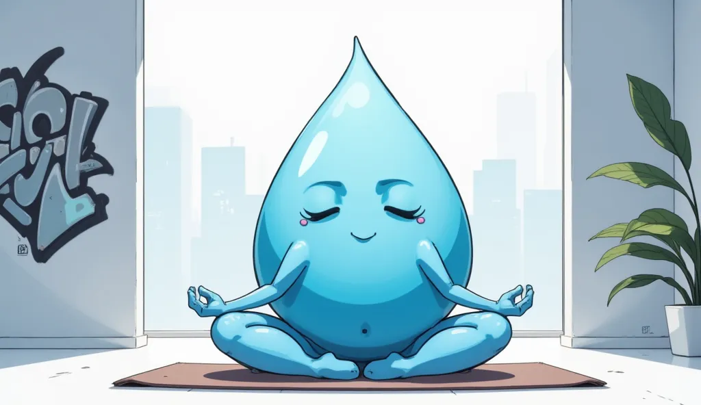 "Draw an anthropomorphic female drop of water doing yoga in a minimalist studio. The drop adopts the lotus posture with a serene expression and a rebellious touch, while a subtle graffiti in the background provides an urban air".

