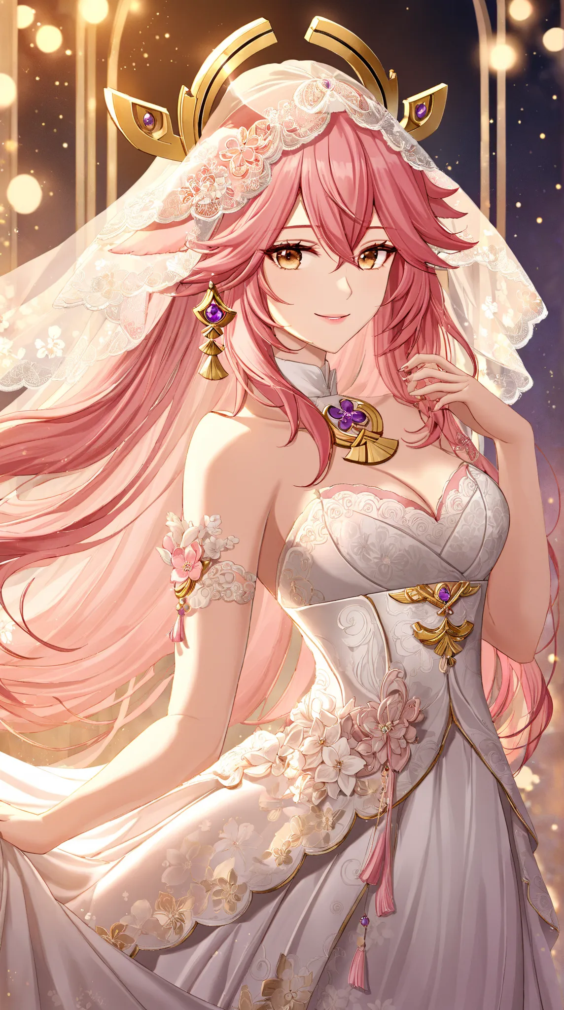 "A stunning illustration of Yae Miko from Genshin Impact wearing a luxurious wedding dress. The dress features intricate lace details, an elegant corset-style bodice, and a voluminous flowing skirt, resembling a dreamlike and romantic design. Yae Miko's lo...