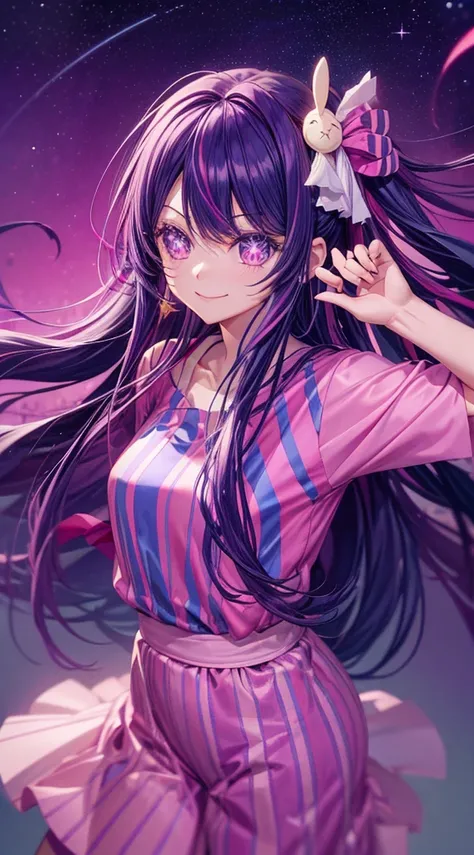 Ai Hoshino, long hair, purple hair, stripes, purple eyes, star-shaped eyes, hair ornament, smile, anime, woman, solo, long hair, model, beautiful, fantasy, Casual clothes. Hair accessories. Unusual hairstyles. Earrings. Smile. Cheerful. Sword.