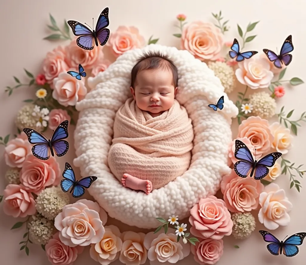 arafed baby wrapped in a blanket surrounded by flowers and butterflies, a digital rendering inspired by Anne Geddes, shutterstock contest winner, romanticism, wrapped in flowers, photo of a beautiful, girl in a bed of flowers, bed of flowers on floor, wrap...