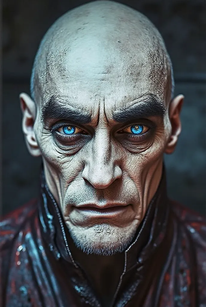 Gloomy and stylized portrait of a stern-looking and enigmatic man. His face is thin and bony,  with pale, almost translucent skin , marked by deep wrinkles and intense expression lines. The eyes shine with a vivid blue tone, surrounded by deep, reddish dar...