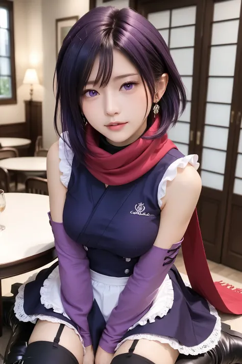    one girl  ，  iris ，    Kunoichi，  dark blue hair ，     purple eyes，  ninja costume(   red scarf with black nose ，Deep purple kimono，   sleeveless  ， light purple arm covers ，    black knee-high  ，  purple long boots   ，) Sexy Light ， erotic， masterpiece...