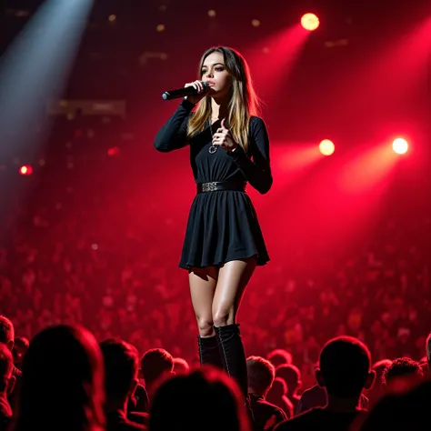 A photo of a woman singing, she is white, skinny, has brown straight long hair, has brown eyes, she is wearing a short black cottage core dress with long sleeves, a black belt around her waist and black boots, she is using dark makeup, she is on big stadiu...