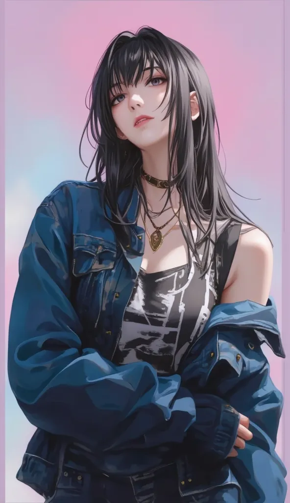 To Love Ru, Otegawa Yui, Furukawa Yui、 black hair、 Long Hair, score_9, score_8_up, score_7_up, source_anime, masterpiece,best quality, huge breasts, gyaru, 1girl, solo, , denim_jacket, jacket, long_hair, denim, black_hair, black_eyes, looking_at_viewer, ne...