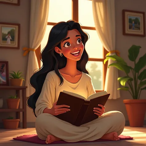 "Illustrate a person reading the Bible in a serene home setting, with scenes of biblical teachings coming to life around them, symbolizing practical application in daily life. The facial expression should reflect joy and spiritual fulfillment." estilo disn...