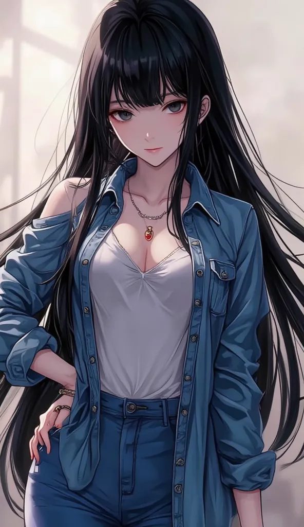 To Love Ru, Otegawa Yui, Furukawa Yui、 black hair、 Long Hair, score_9, score_8_up, score_7_up, source_anime, masterpiece,best quality, huge breasts, gyaru, 1girl, solo, , denim_jacket, jacket, long_hair, denim, black_hair, black_eyes, looking_at_viewer, ne...