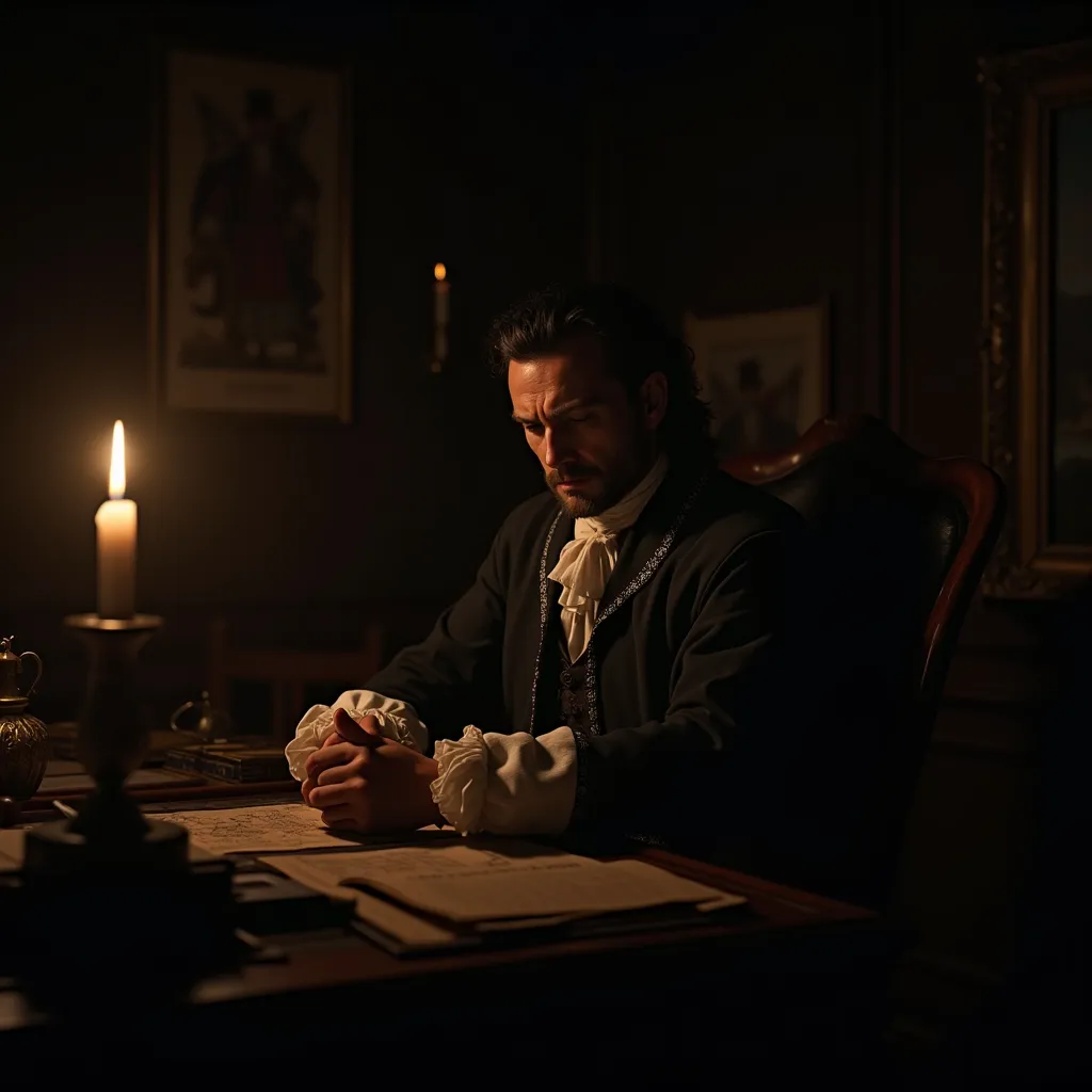 17th century , the governor of the colony sits in his office and looks frowning, Night, cinematic shot