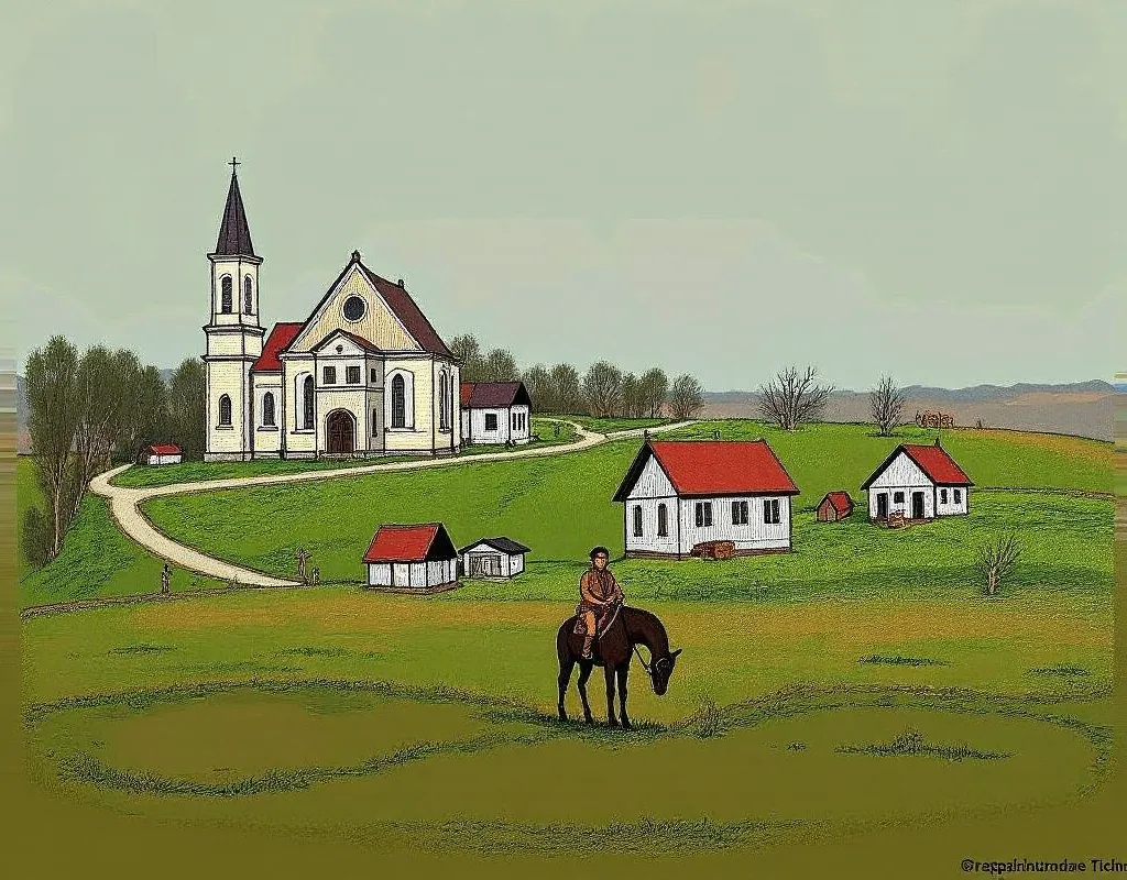 Generate modern analogues of the painting T.Shevchenko "Cart Dvizhensky Monastery in Poltava" (church on the hill, not very bright, with road only to church, church in the upper left, horse in the middle of the bottom, a few huts a little to the right of t...