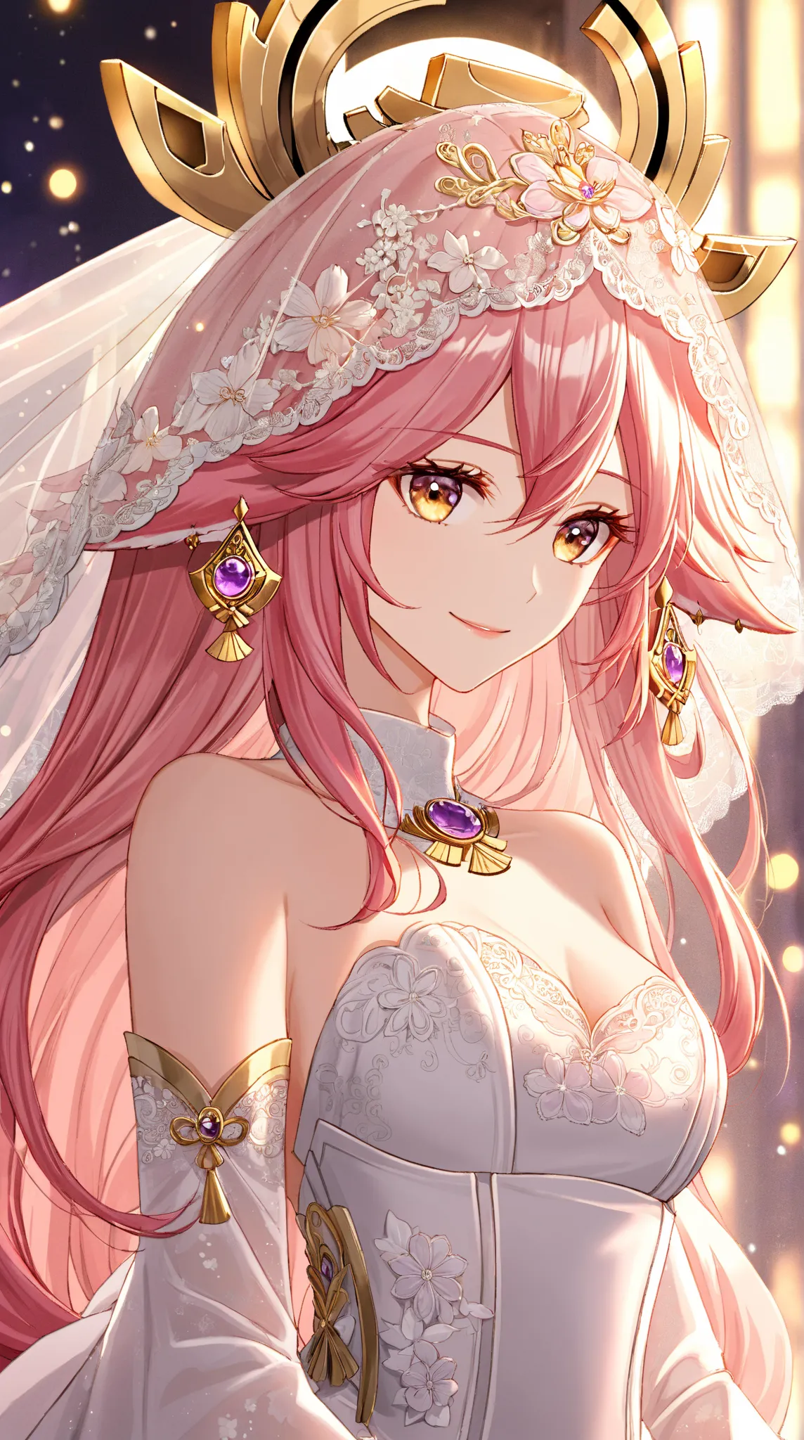 (Extreme close-up, Face-focused portrait)"""A stunning illustration of Yae Miko from Genshin Impact wearing a luxurious wedding dress. The dress features intricate lace details, an elegant corset-style bodice, and a voluminous flowing skirt, resembling a d...