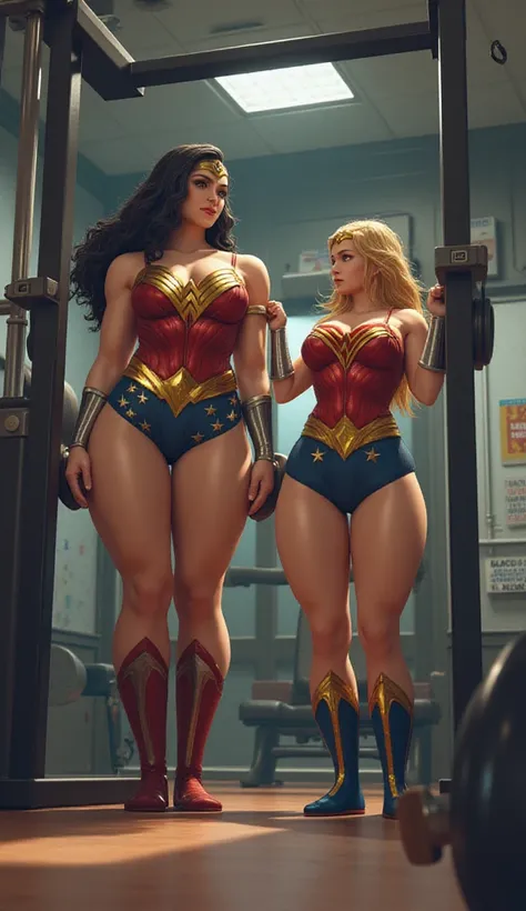 A highly detailed scene in 3D style at the gym. Wonder Woman and Supergirl, both with their classic costumes, are training together. They look fat and sedentary, they show determination, lifting weights and straining in the exercises. The gym is equipped w...