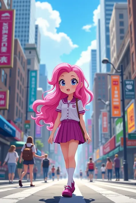 Pinkie pie from my little pony equestria anime girl walking in New York wearing fuchsia school clothes and shoes 5 fingers on her hands 