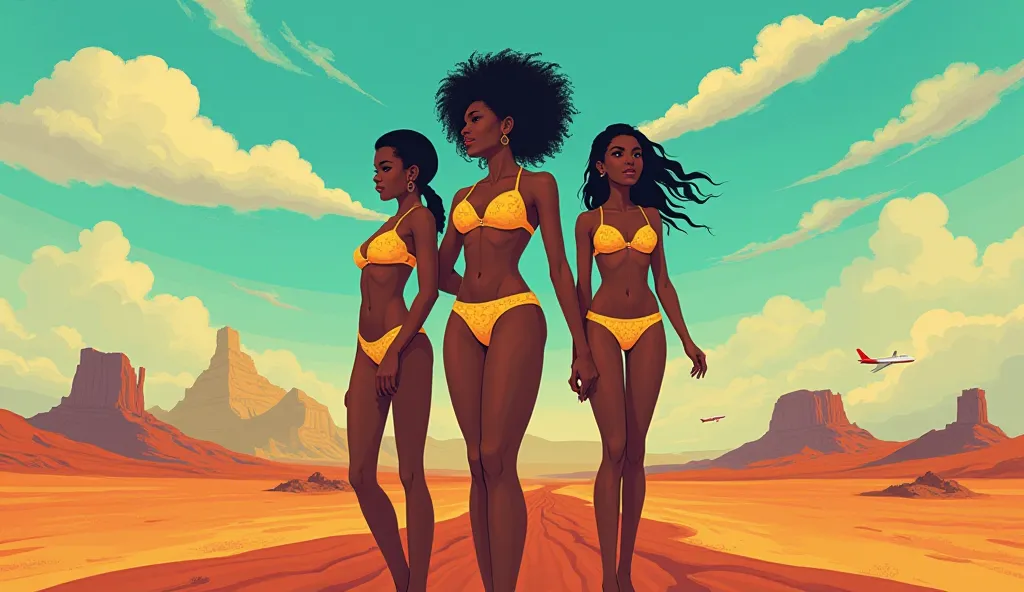 "Create a vibrant and attractive YouTube thumbnail for a travel documentary about Eritrea. The design should feature black Eritrean women in bikinis, iconic landmarks, and natural landscapes, elements of African natural beauty, such as deserts or mountains...