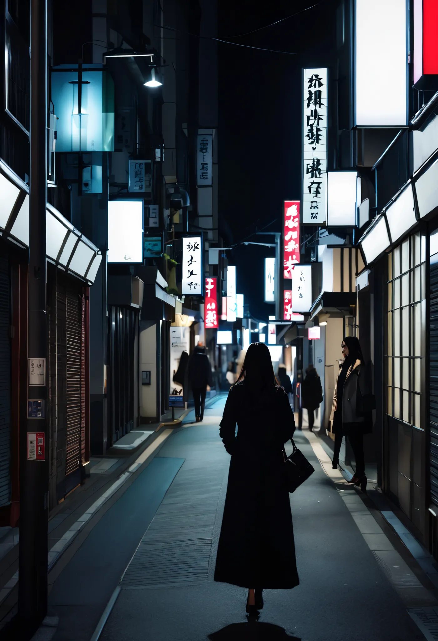 男女の👫が歩く, Night street illuminated by street lights, break (Women have no shadows:1.5), only one figure that comes up...