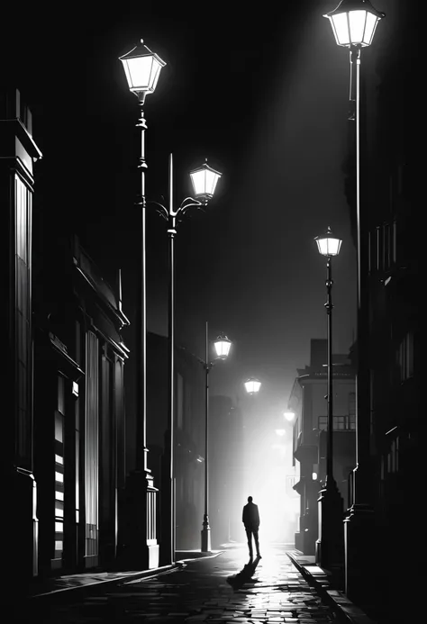 Line Art, dark lights illuminated by street lights, The white figure below it, Alone,