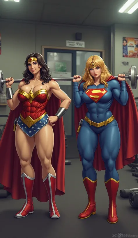 A highly detailed scene in 3D style at the gym. Wonder Woman and Supergirl, both with their classic costumes, are training together. They look fat and sedentary, they show determination, lifting weights and straining in the exercises. The gym is equipped w...