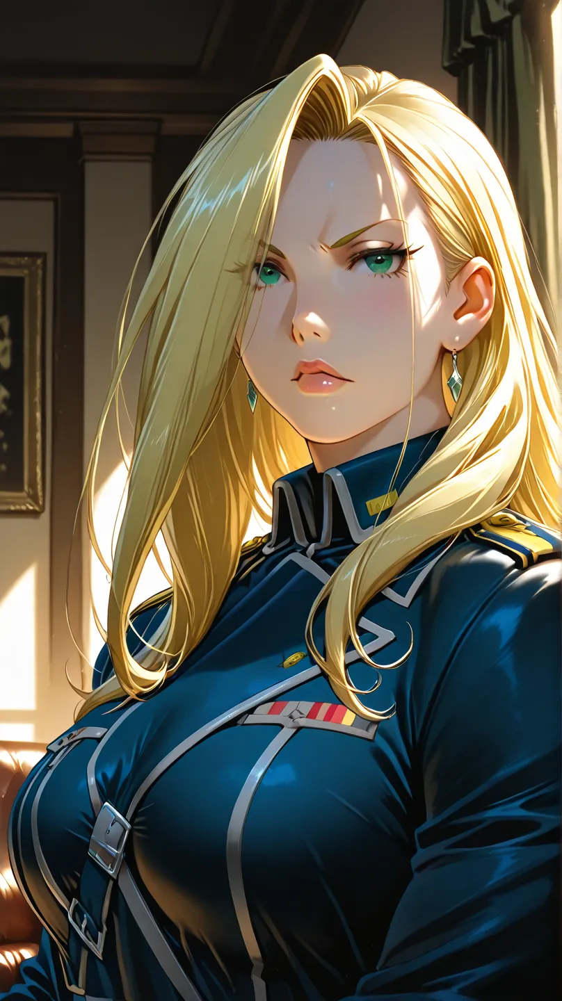 Source_oliver armstrong, fma, Masterpiece, elegant mature woman, milf,   tall body, curvaceous, olivier mira armstrong, lips,  upper body, sit on sofa, dynamic lighting, ultra detailed, highres, home, fullmetal alchemist anime style, military uniform,