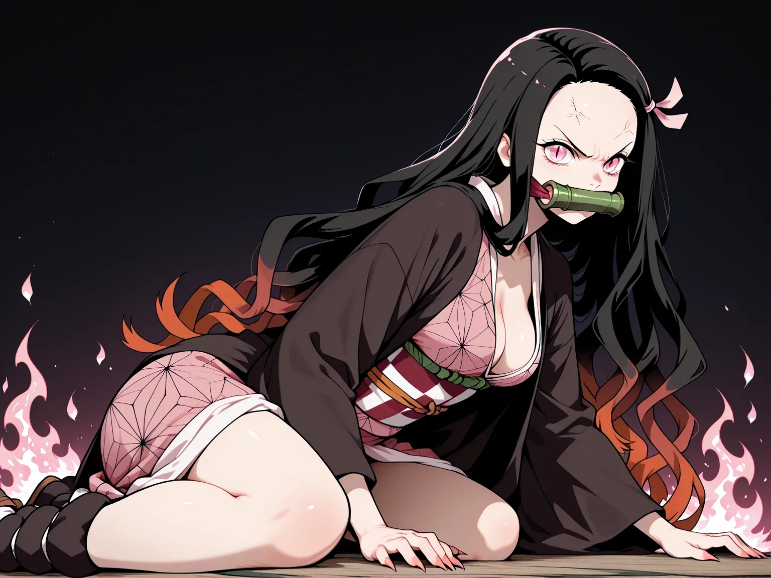 masterpiece, best quality, amazing quality, very aesthetic, side shot, 1girl,  pink eyes, gradient hair, black hair, red hair, long hair, asymmetrical hairline, (medium breasts), very cute, lovely, kamado_nezuko, slit pupils,  gag, gagged, bit gag, forehea...