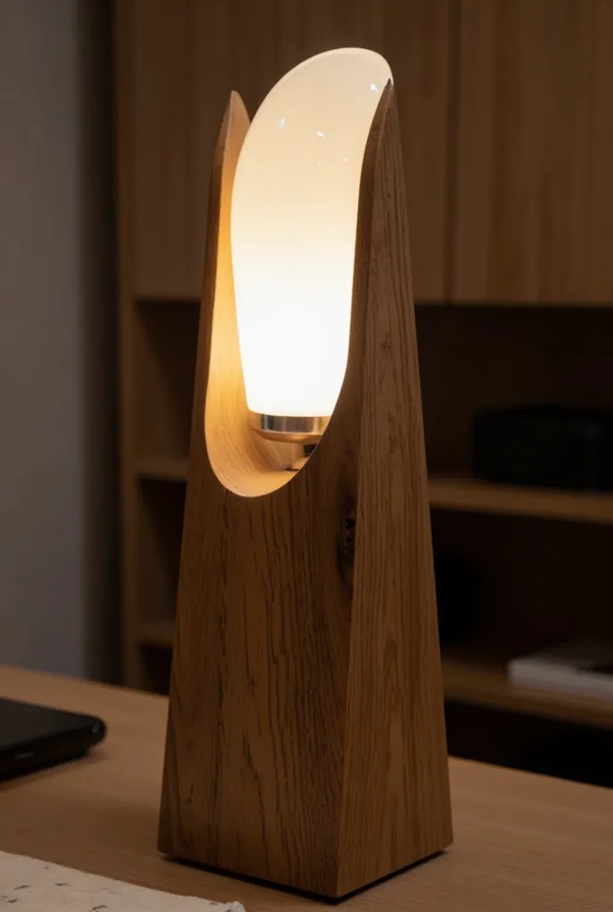 Design a table light designed with beautiful wood and lights.

